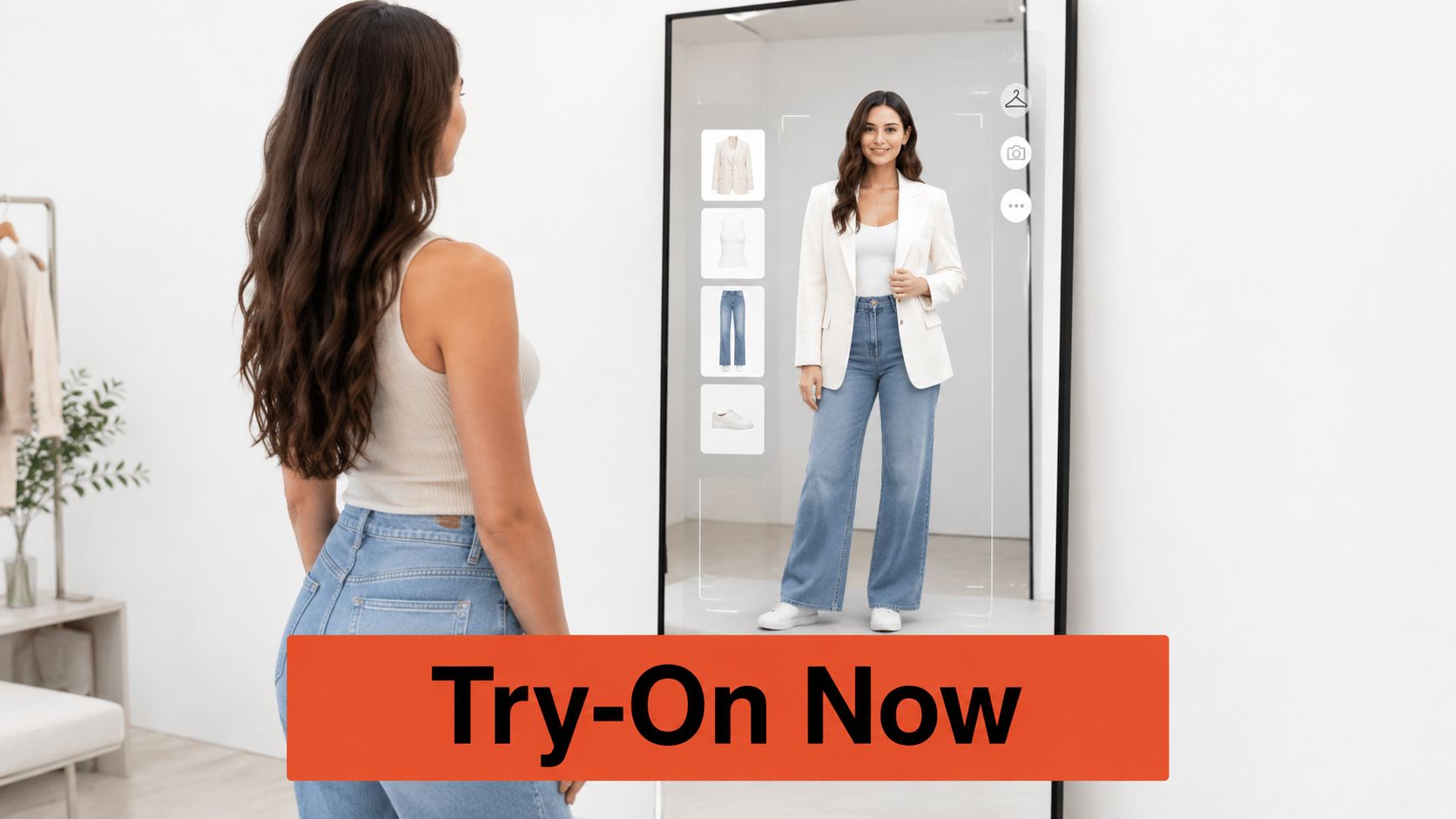 A woman looks at a virtual mirror displaying clothing items layered onto her reflection for digital try-on.