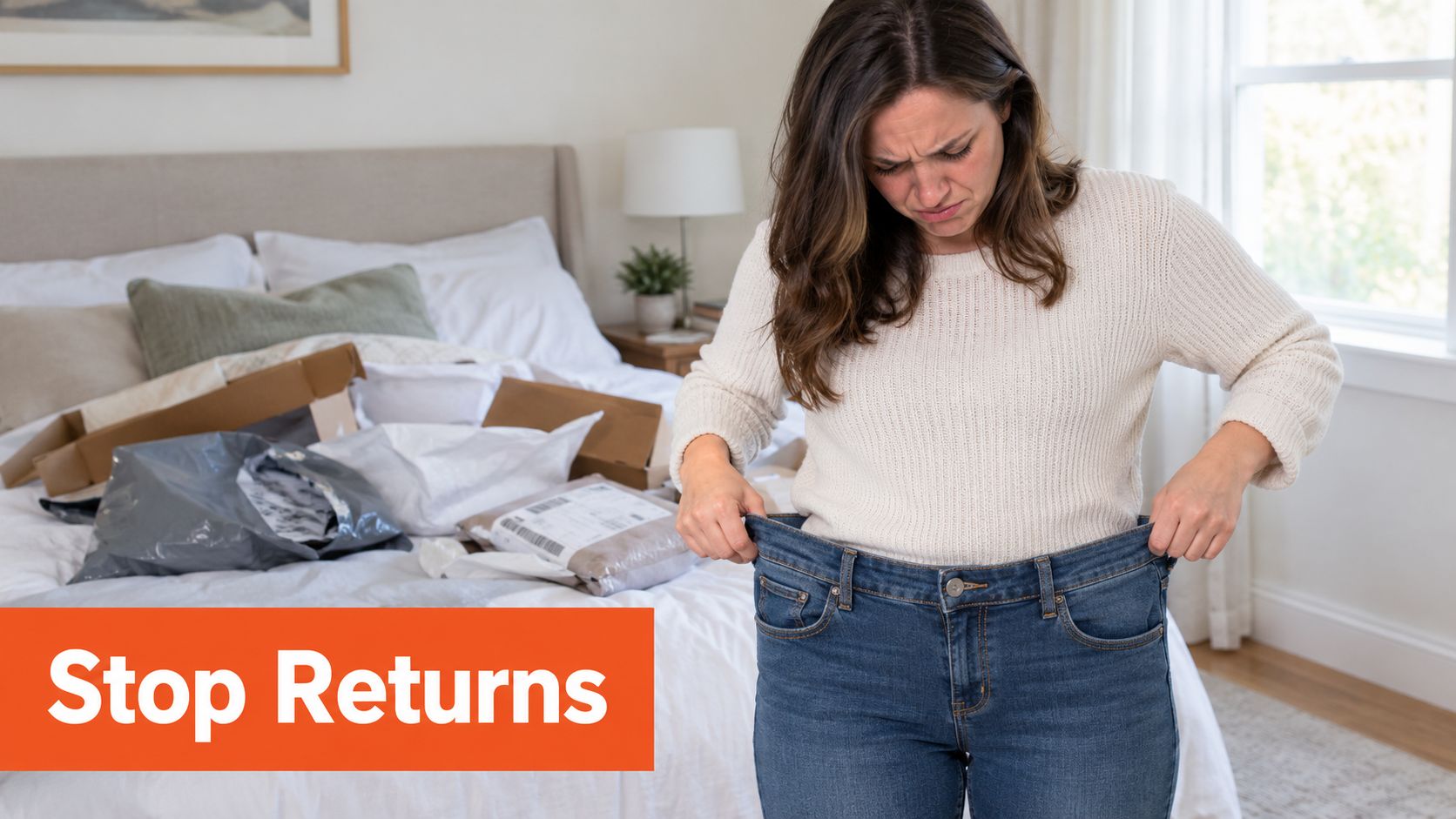 A woman looks frustrated at her loose-fitting jeans while surrounded by online shopping return packages on her bed.