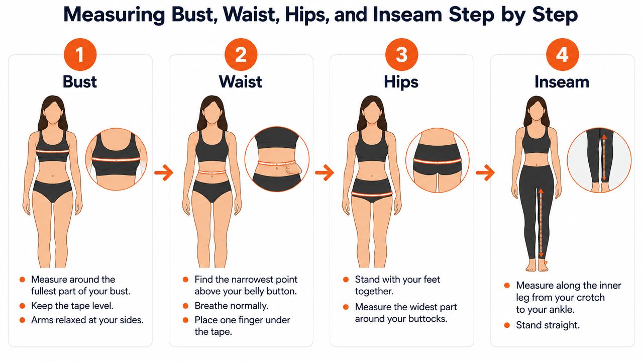 A step-by-step infographic showing how to measure bust, waist, hips, and inseam for clothing size accuracy.