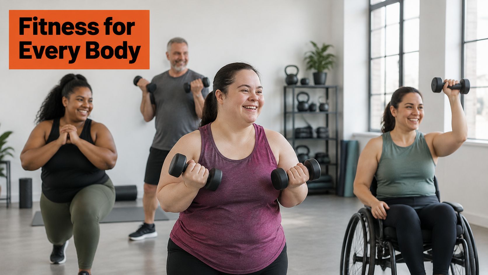 A diverse group of people exercising together in a bright, modern gym with dumbbells and wheelchairs.