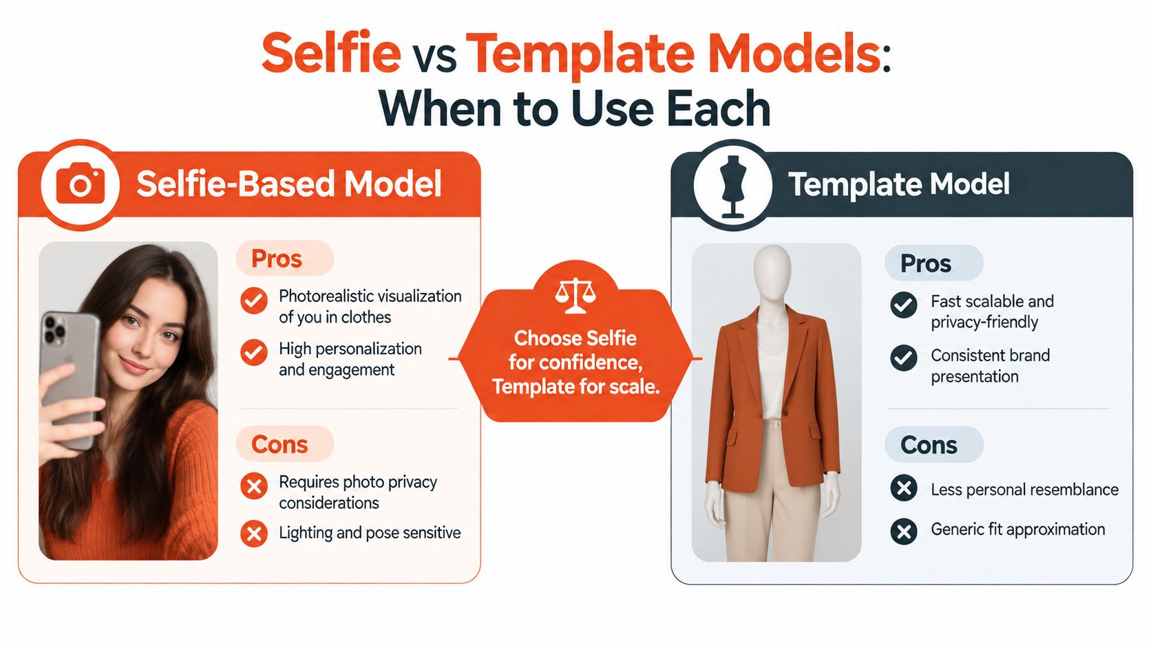 A comparison infographic between selfie-based models and template models for clothing visualization with pros and cons listed.