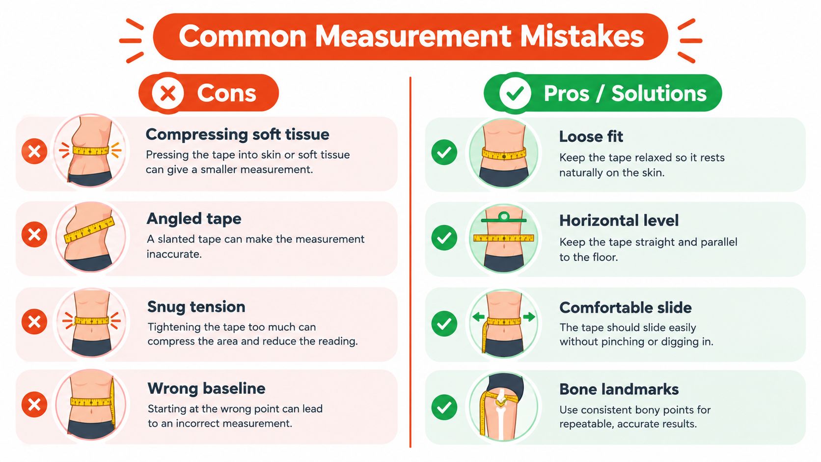 An infographic showing common mistakes when taking body measurements versus correct methods and helpful solutions.