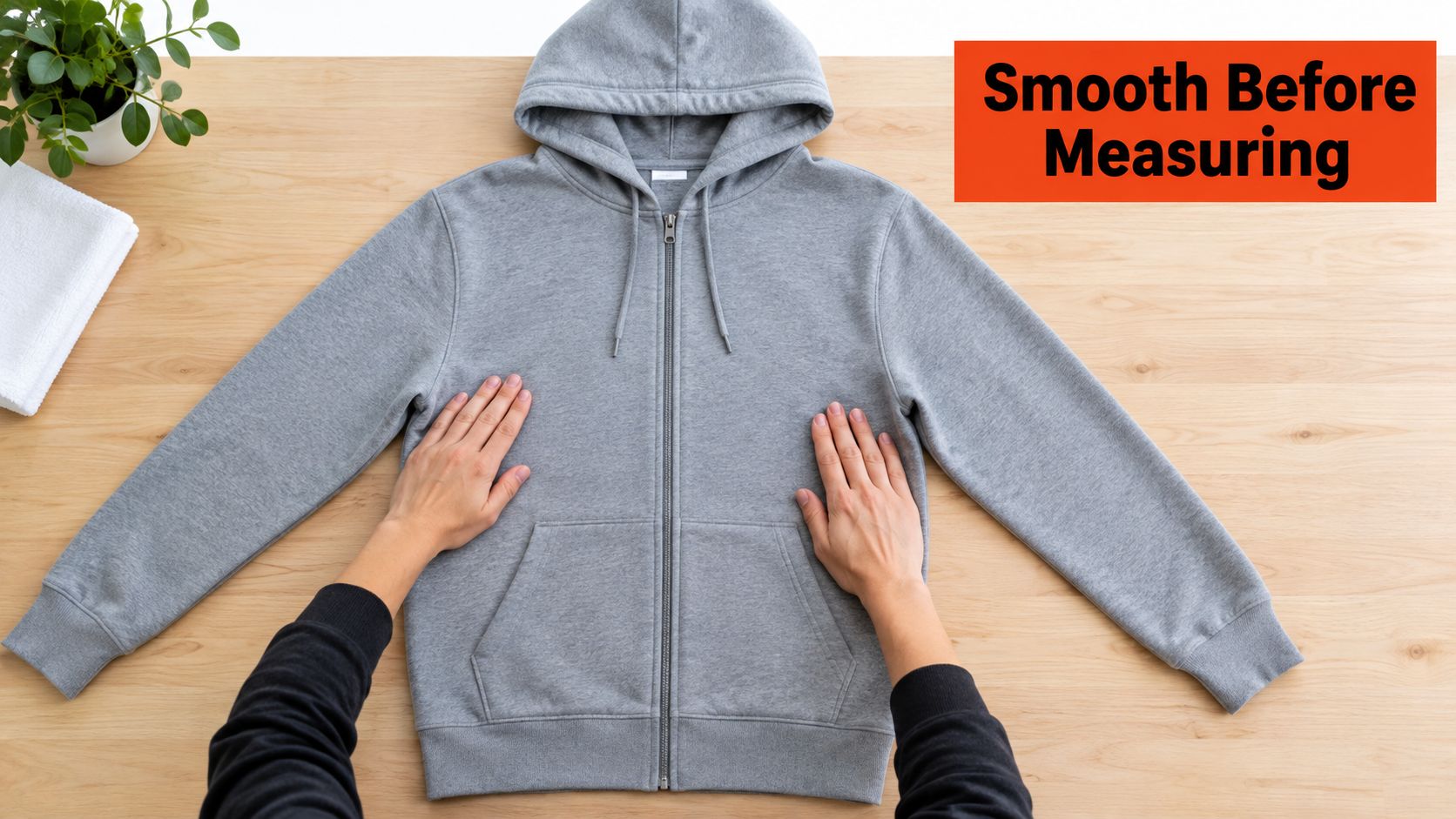 A person smoothing out a grey zip-up hoodie on a wooden table before taking measurements.