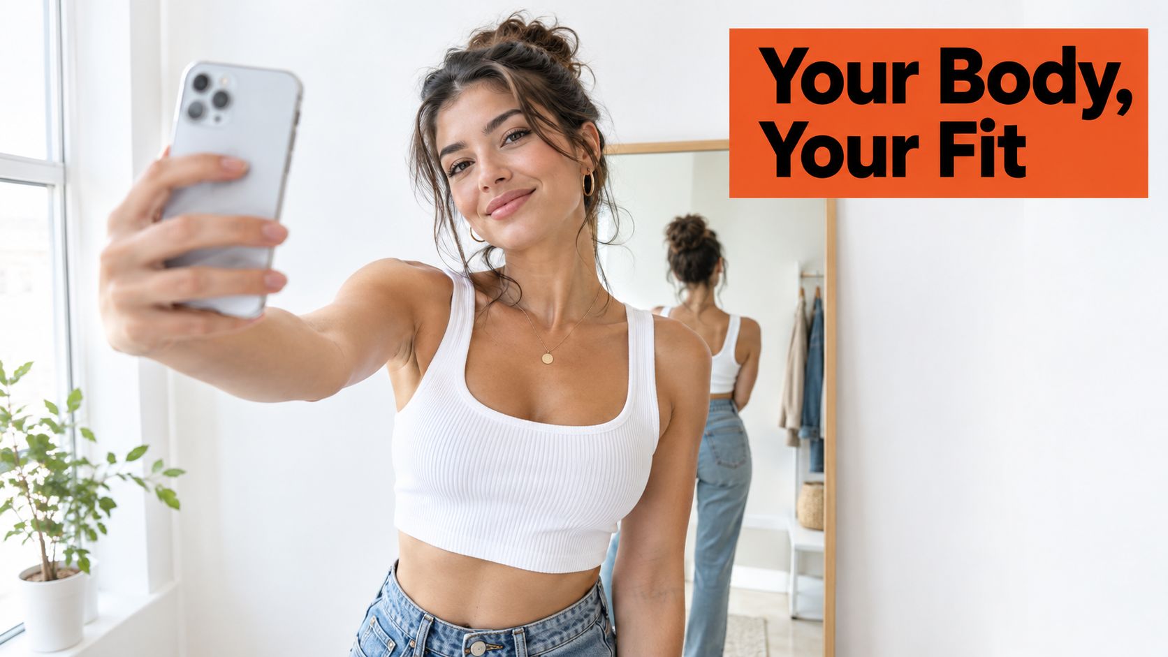 A young woman taking a selfie in a mirror, wearing a white ribbed crop top and blue jeans.