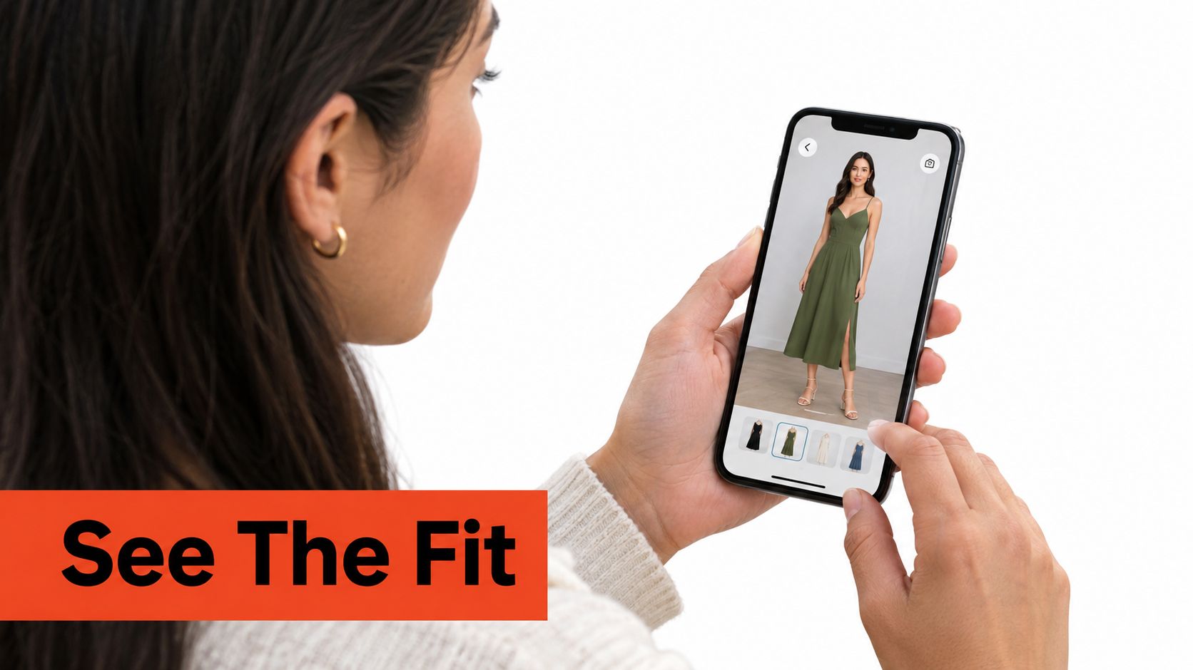 A woman uses a mobile phone to view a dress in an online fashion shopping application.