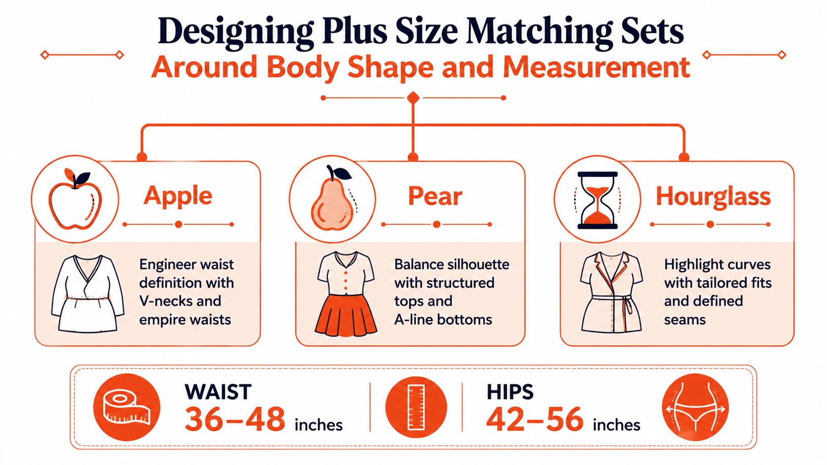 A design infographic illustrating styling tips for plus size matching sets based on apple, pear, and hourglass body shapes.