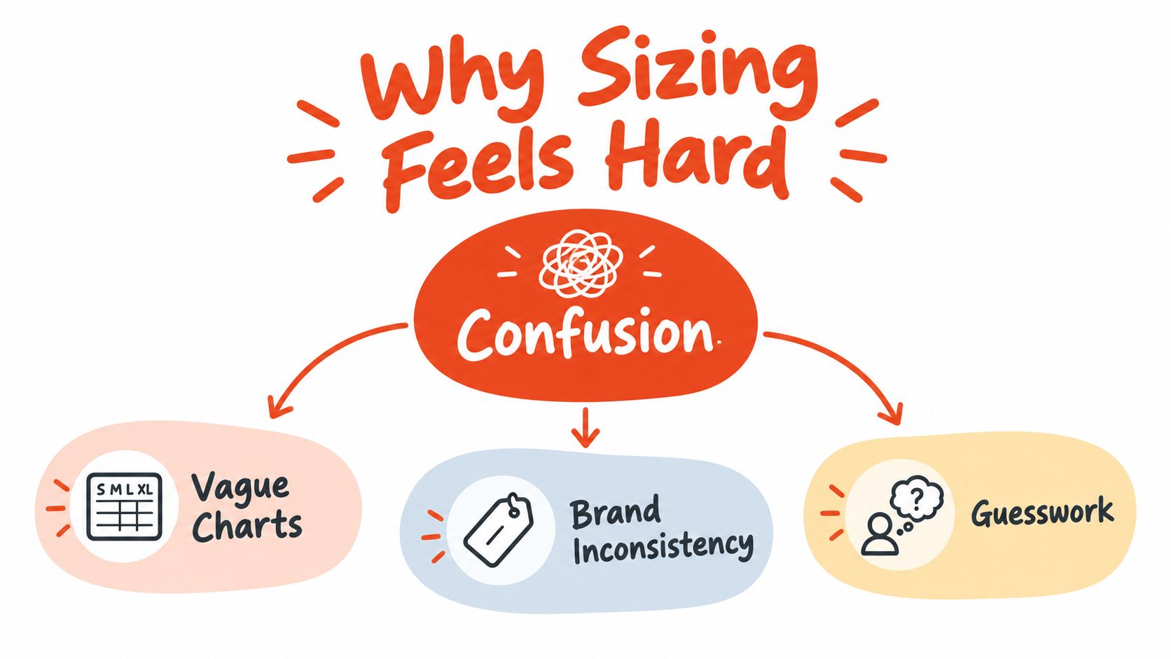 A diagram explaining why clothing sizing feels difficult, highlighting confusion, vague charts, brand inconsistency, and consumer guesswork.
