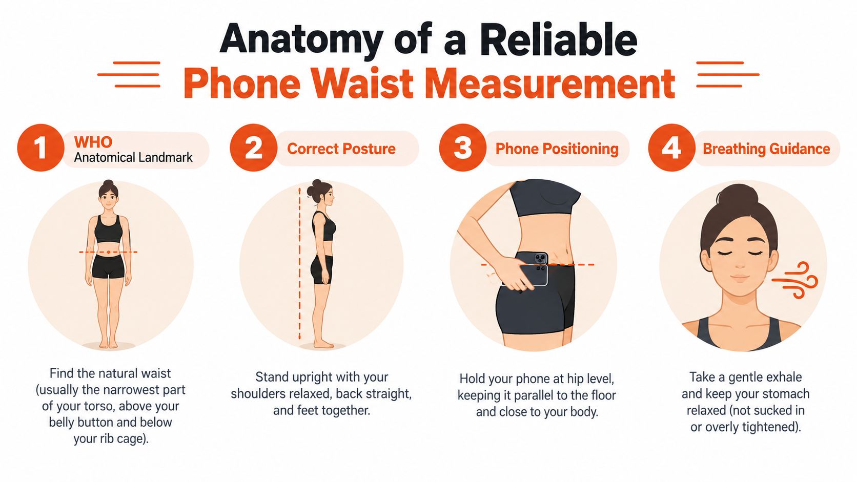 An infographic showing four steps for accurately measuring waist circumference using a smartphone as a tool.