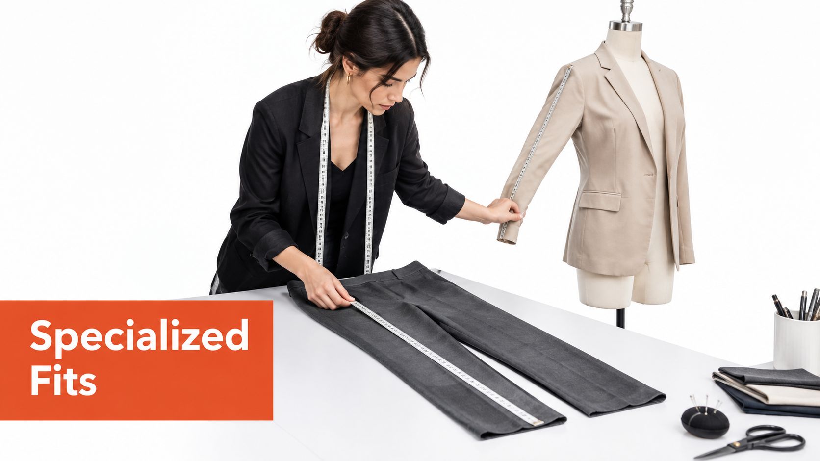 A professional tailor measuring grey trousers and a beige blazer on a white table in a studio.
