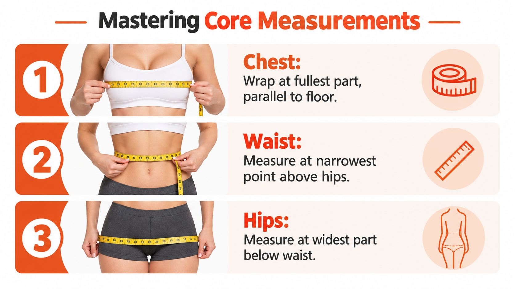 A diagram demonstrating how to correctly take body measurements for the chest, waist, and hips.