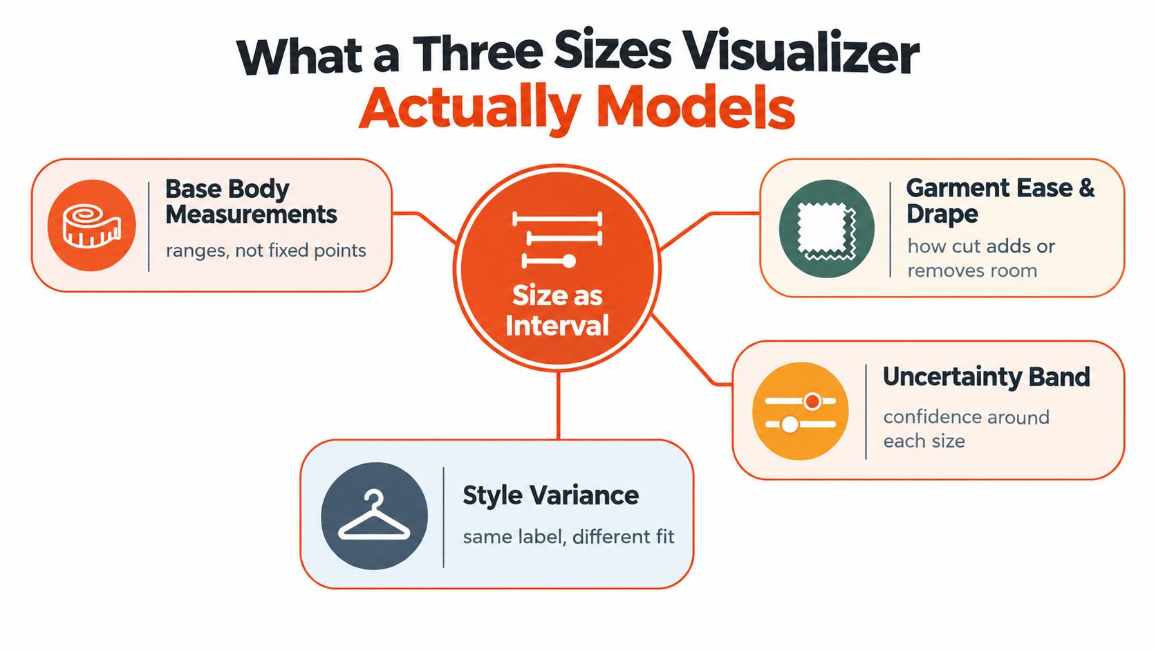 A diagram explaining that a Three Sizes Visualizer models body measurements, garment ease, style variance, and uncertainty.
