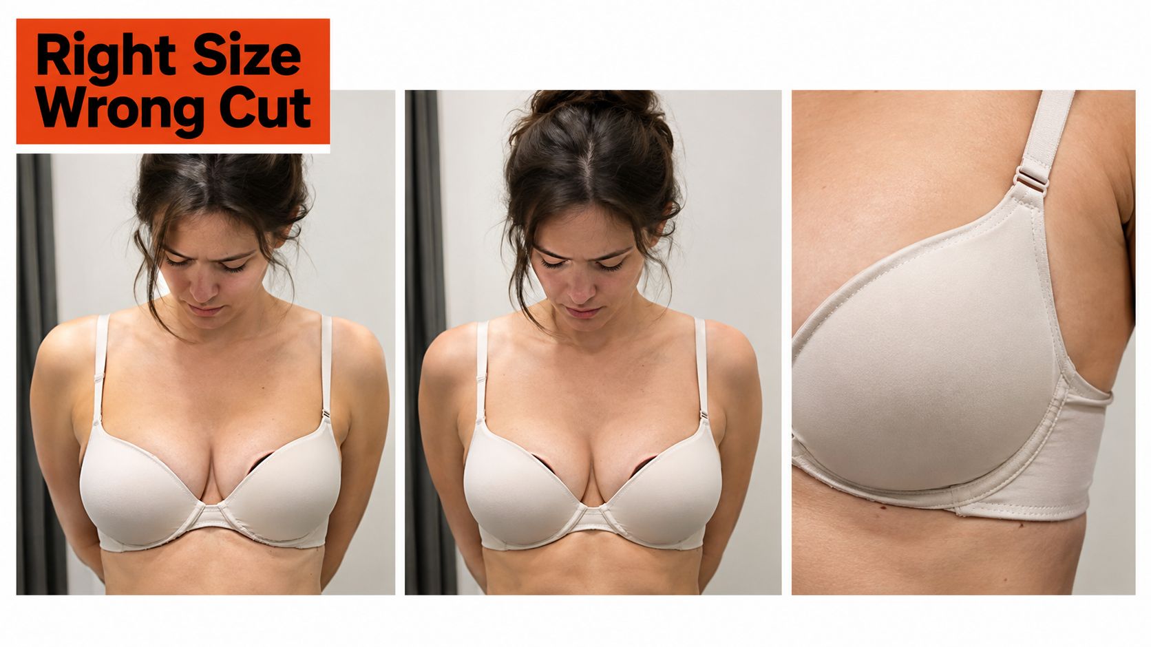 A woman wearing a beige bra that does not fit correctly, demonstrating a wrong cup cut style.