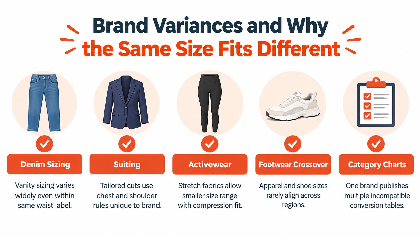 An infographic explaining why clothing and footwear sizes vary significantly between different brands and product categories.