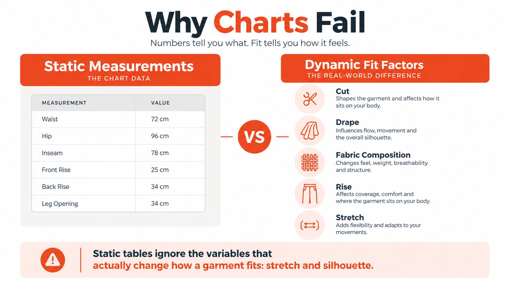 An infographic comparing static garment measurements to dynamic fit factors like cut, drape, and fabric composition.