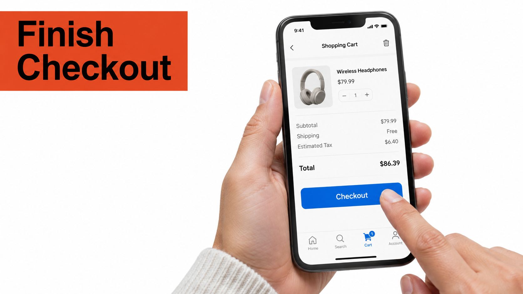 A person's hand pressing the checkout button on a smartphone screen showing a mobile shopping cart.