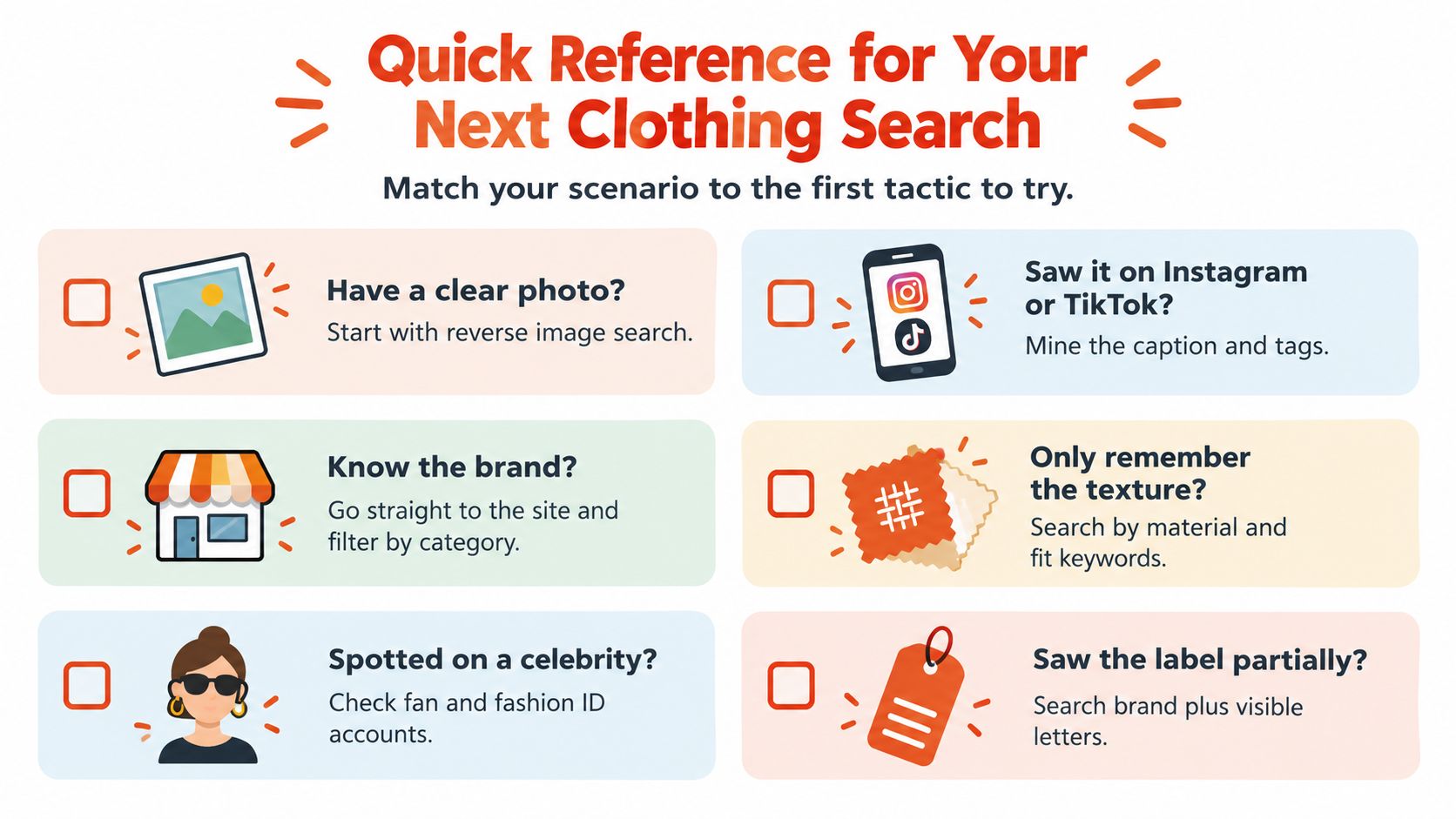 A helpful infographic guide titled Quick Reference for Your Next Clothing Search providing tips on finding clothes.
