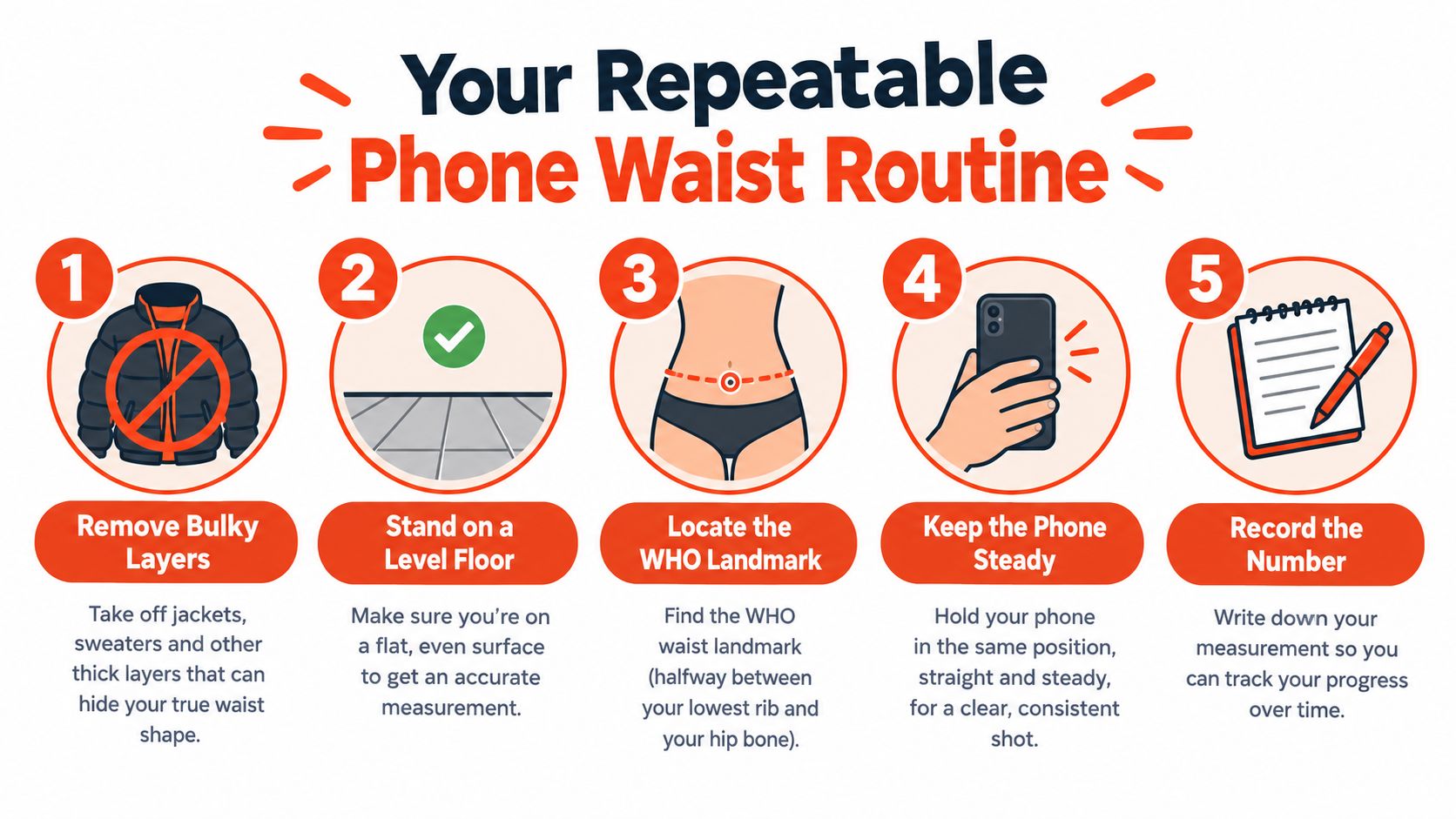 A five-step guide illustrated with icons showing how to accurately measure your waist using a phone.