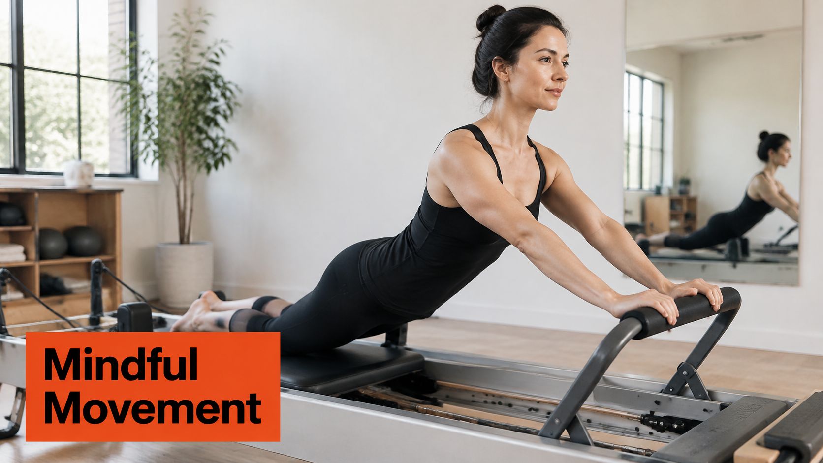 A fit woman performing a pilates reformer exercise in a bright studio with a mirror reflection.