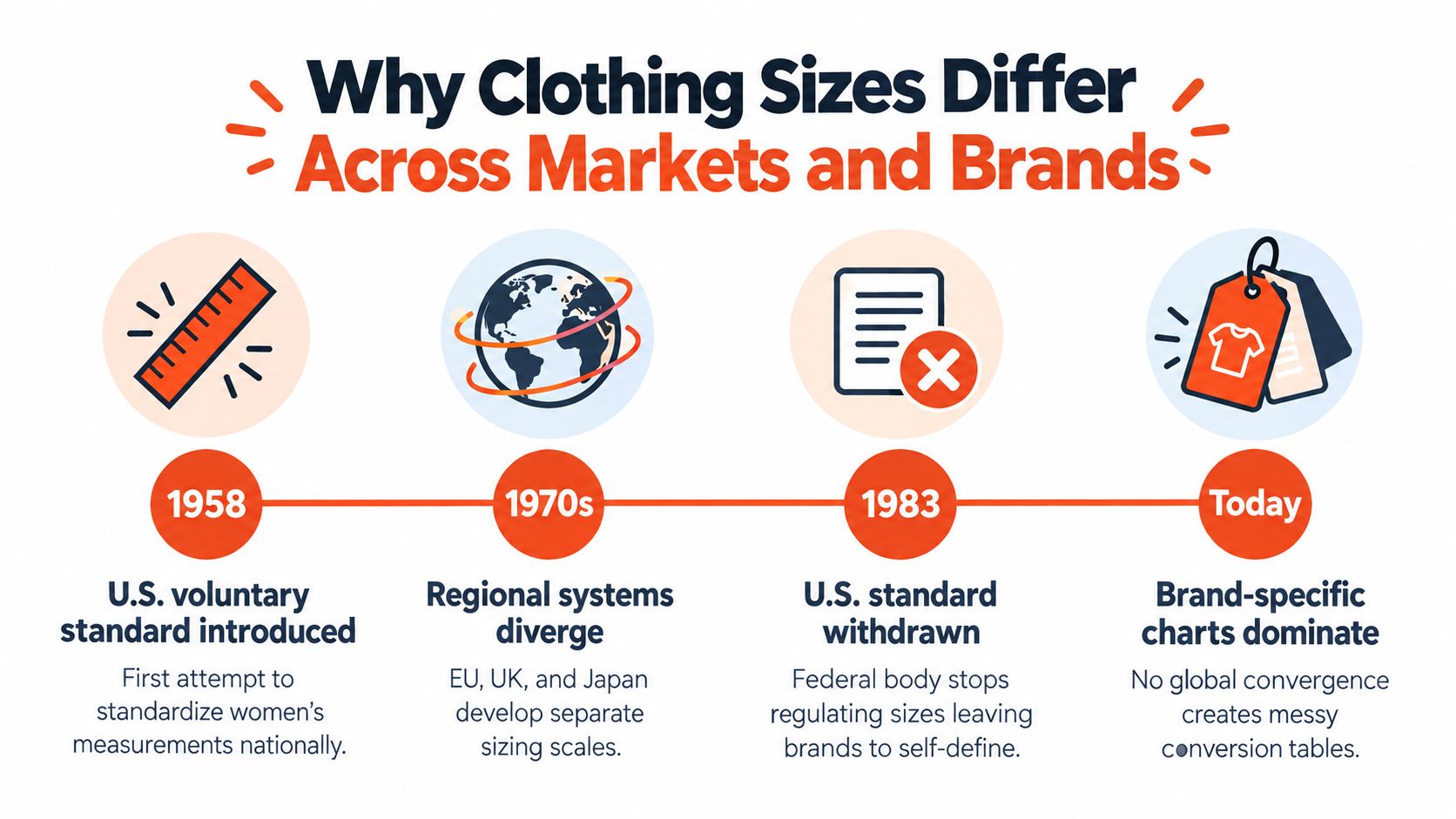 A timeline graphic explaining why clothing sizes differ across international markets and brands from 1958 to today.