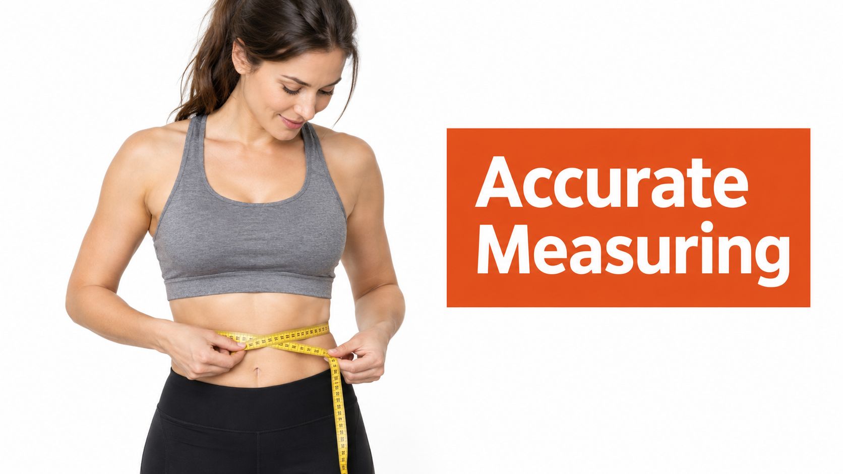 A fit woman using a yellow measuring tape to measure her waist for fitness tracking purposes.