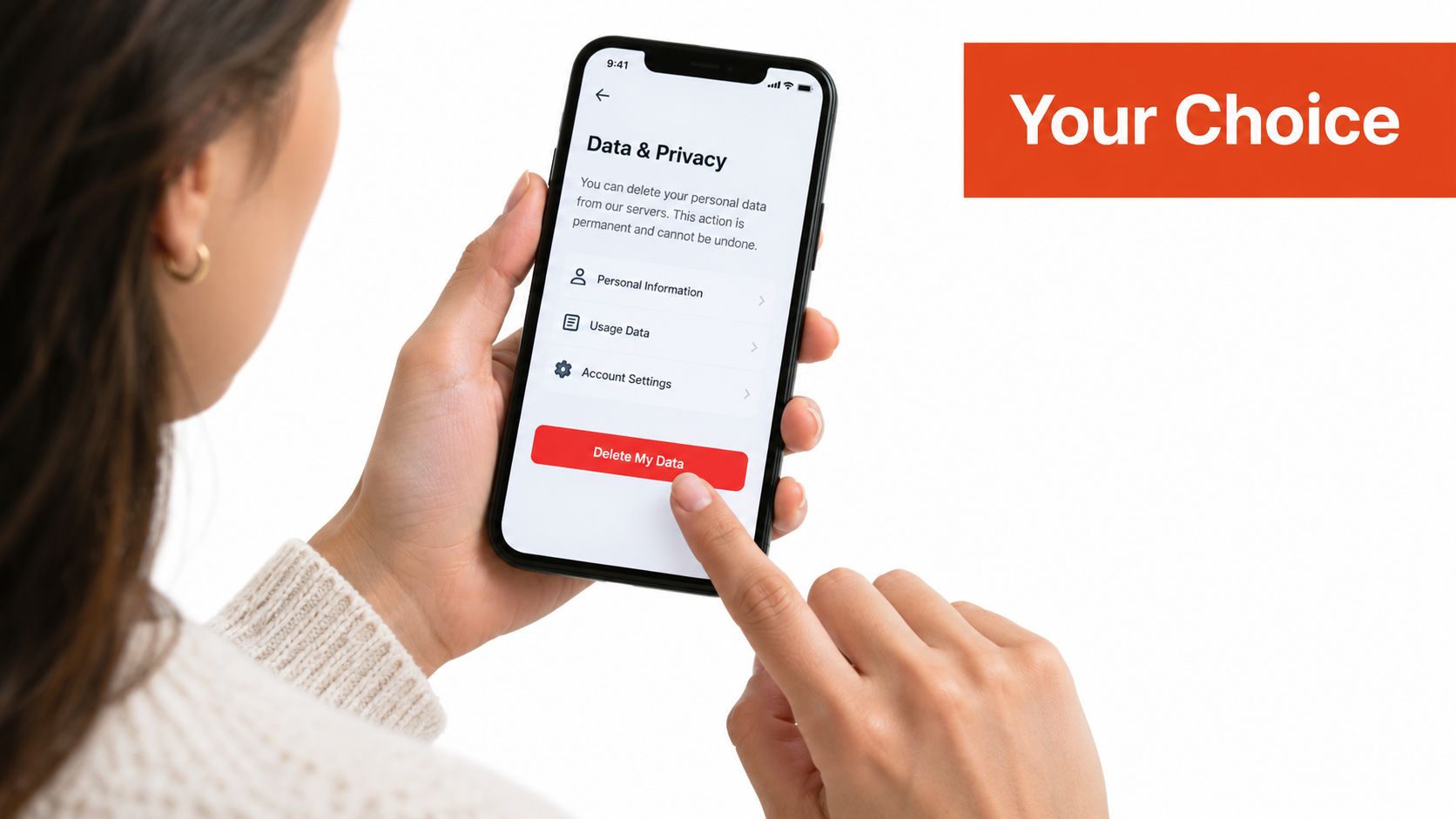 A person using a smartphone to navigate a data and privacy settings menu for account deletion.