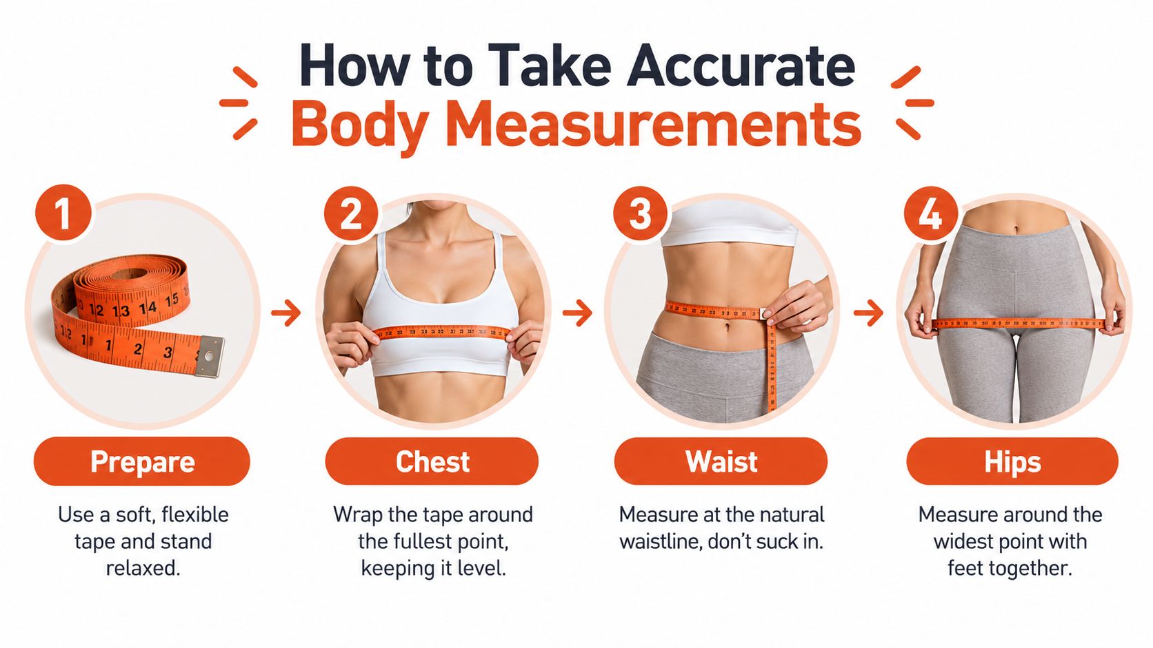 An infographic showing four steps on how to take accurate body measurements using a flexible tape.
