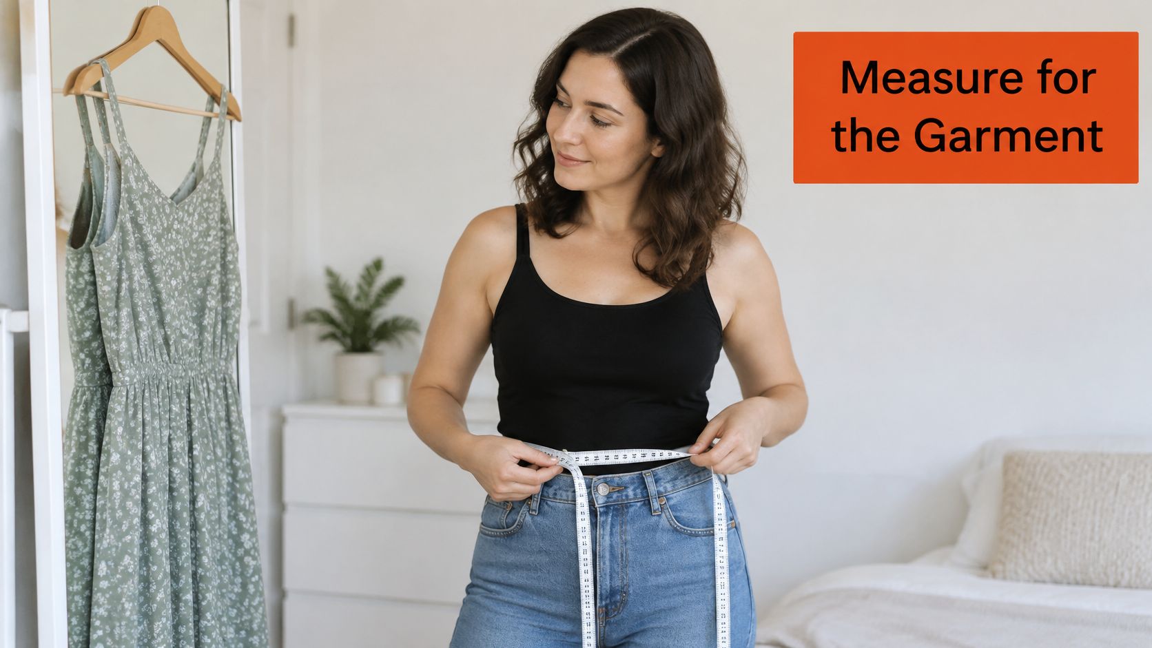 A woman measuring her waist with a tape measure to ensure the perfect clothing fit.