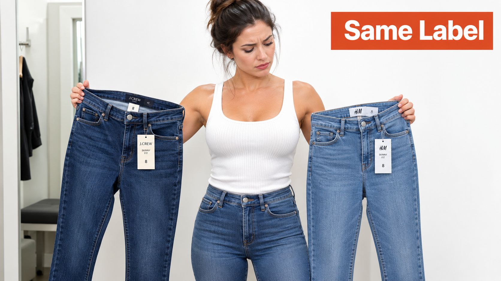 A woman looks confused while comparing two different pairs of size eight jeans from different brands.