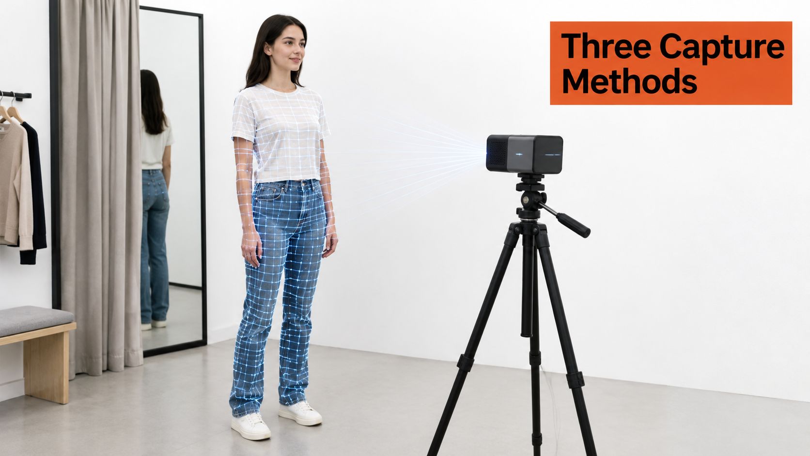 A woman being scanned by a 3D infrared human body scanner on a tripod in a studio.