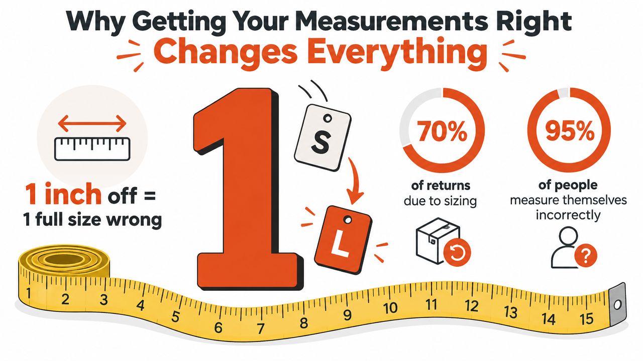 An infographic showing that a one inch measurement error leads to a full size clothing discrepancy.