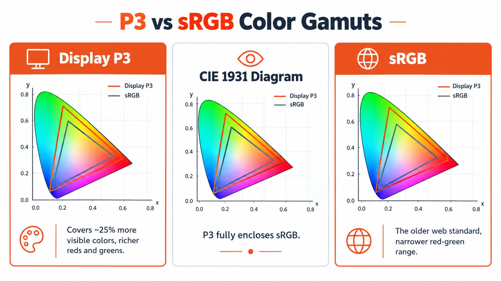 A diagram comparing the Display P3 and sRGB color gamuts on a CIE 1931 chromaticity chart.