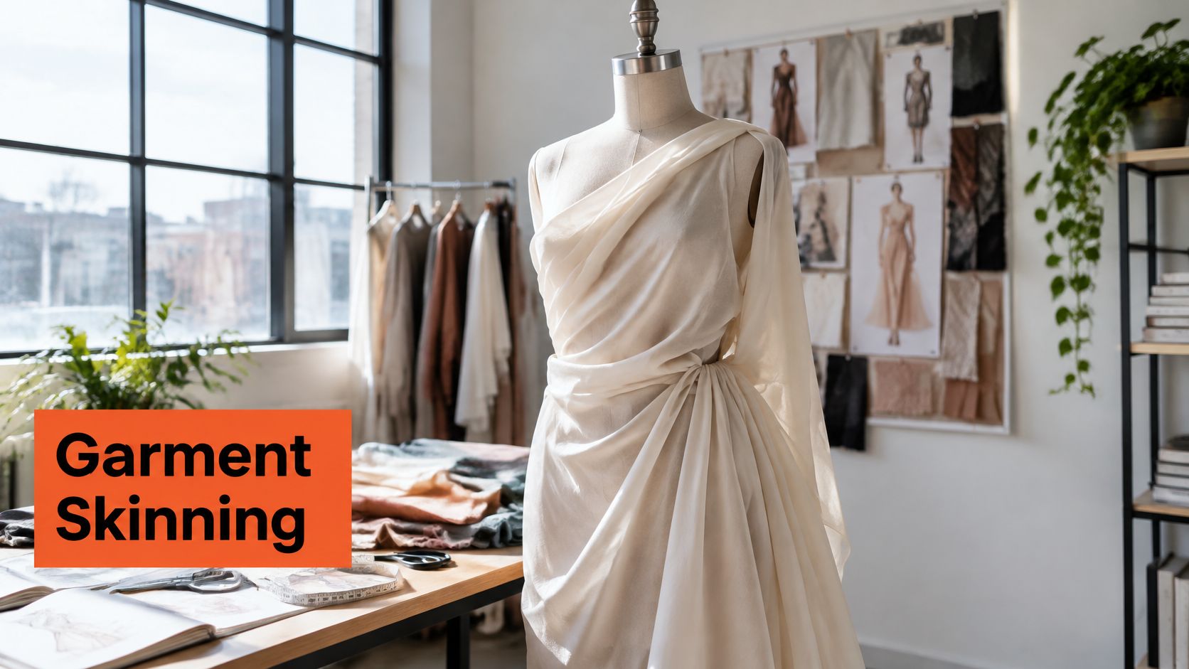 A mannequin draped in off-white fabric stands in a professional fashion design studio workspace.