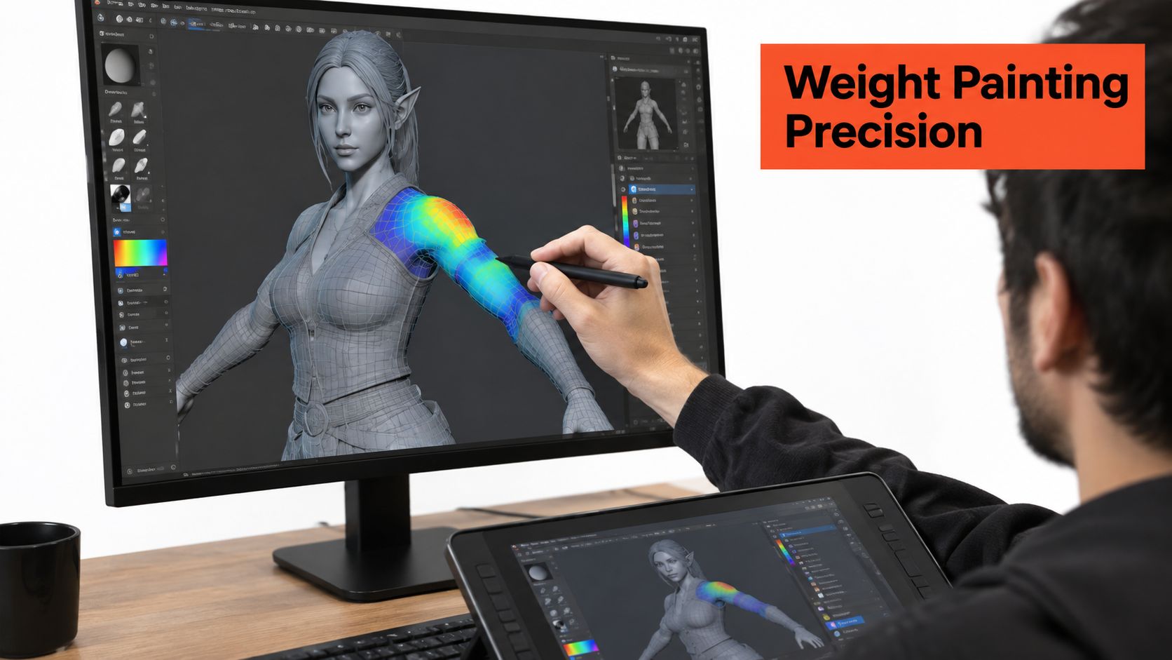 A 3D artist using a graphics tablet to precisely weight paint a character model on a desktop.