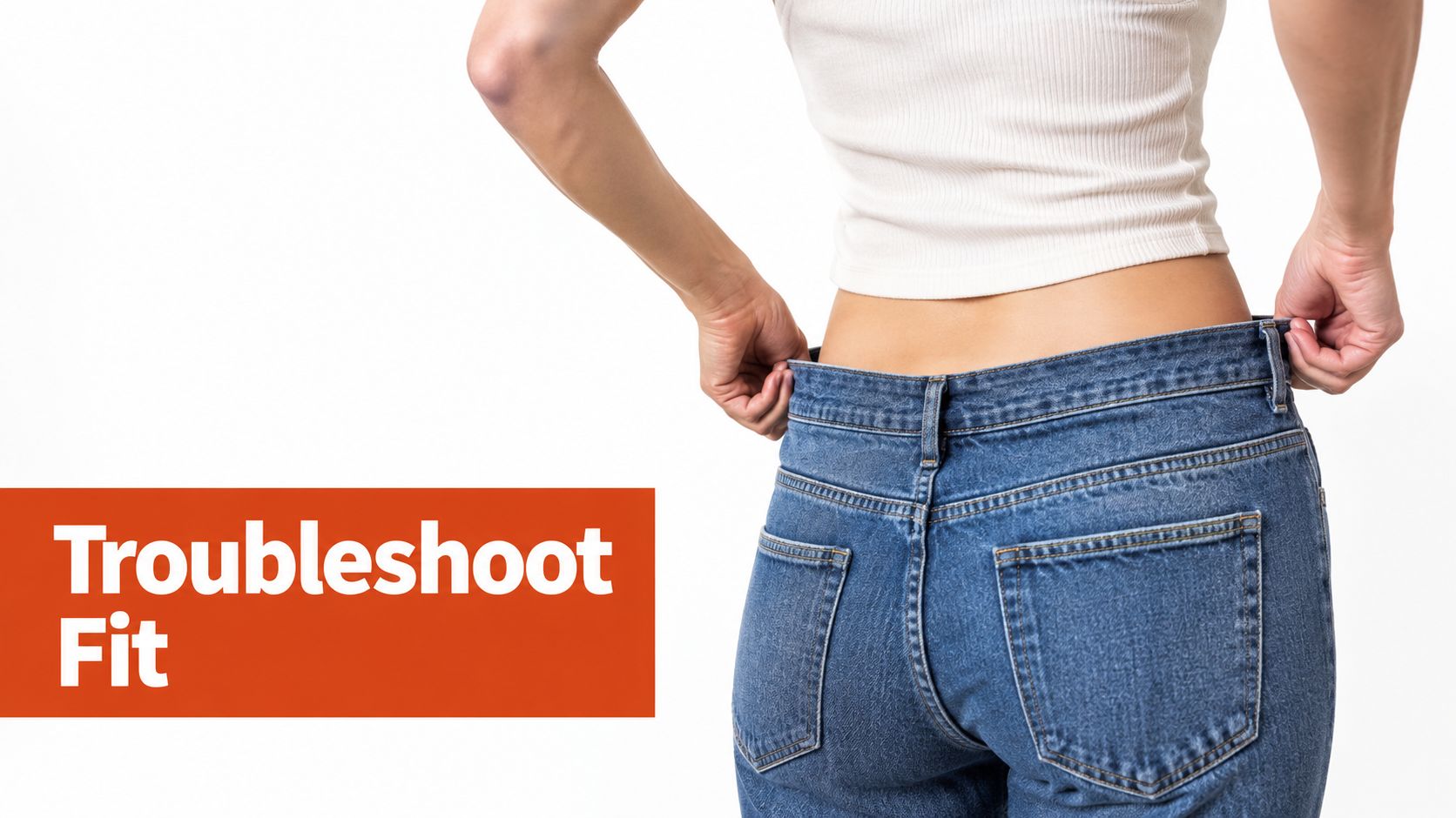 A woman holding the waistband of her loose-fitting jeans to illustrate the concept of troubleshooting fit.
