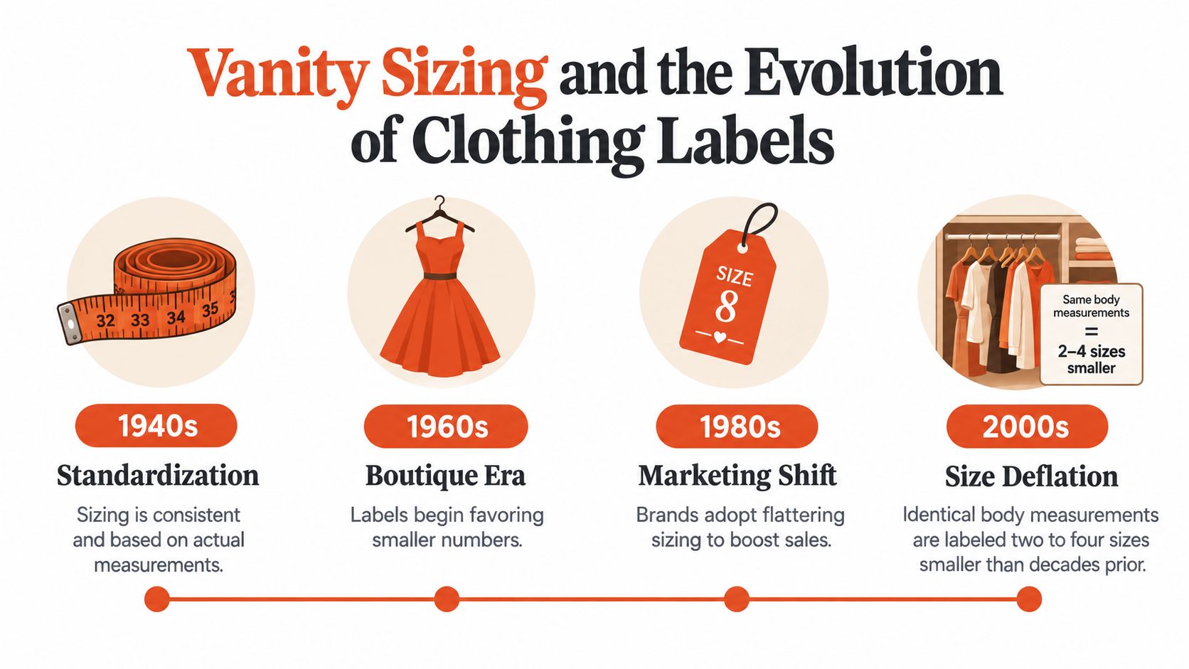 An infographic showing the evolution of clothing sizing from the 1940s to the 2000s.