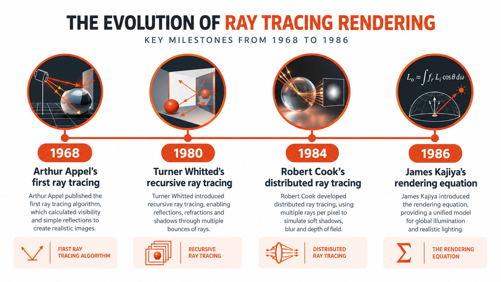 A timeline infographic illustrating the evolution of ray tracing rendering technology from 1968 to 1986.