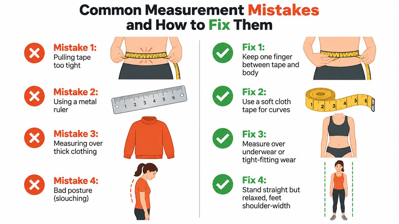 A visual guide showing common body measurement mistakes like slouching or tight tape and their correct solutions.