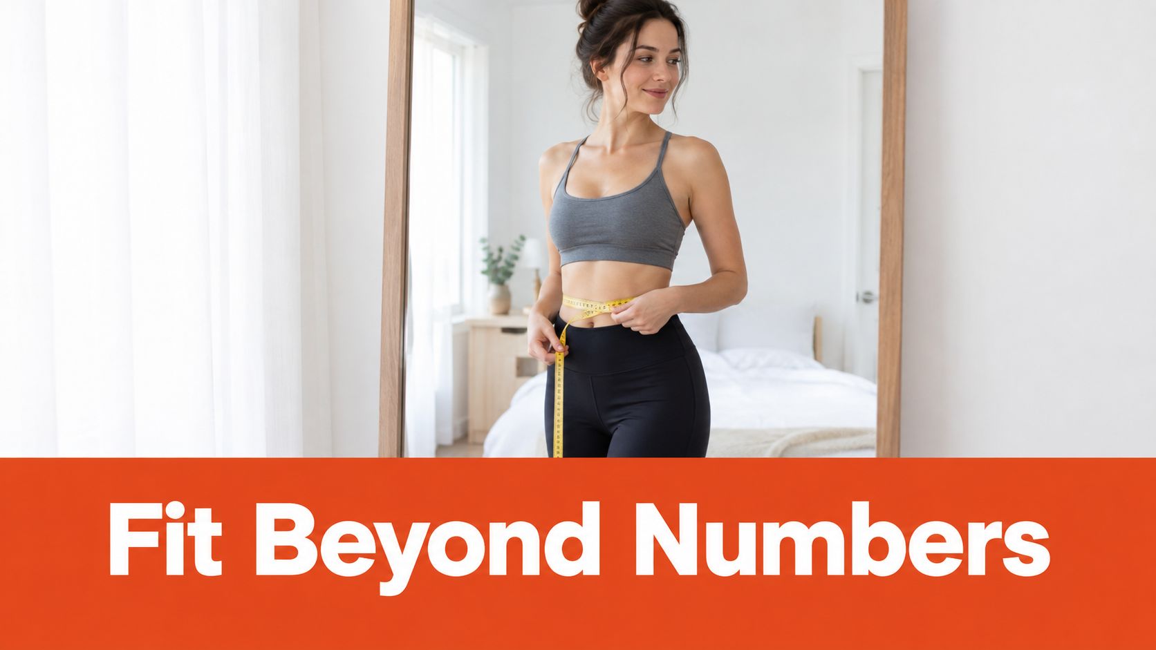 A fit woman in a sports bra measuring her waist in front of a bedroom mirror.