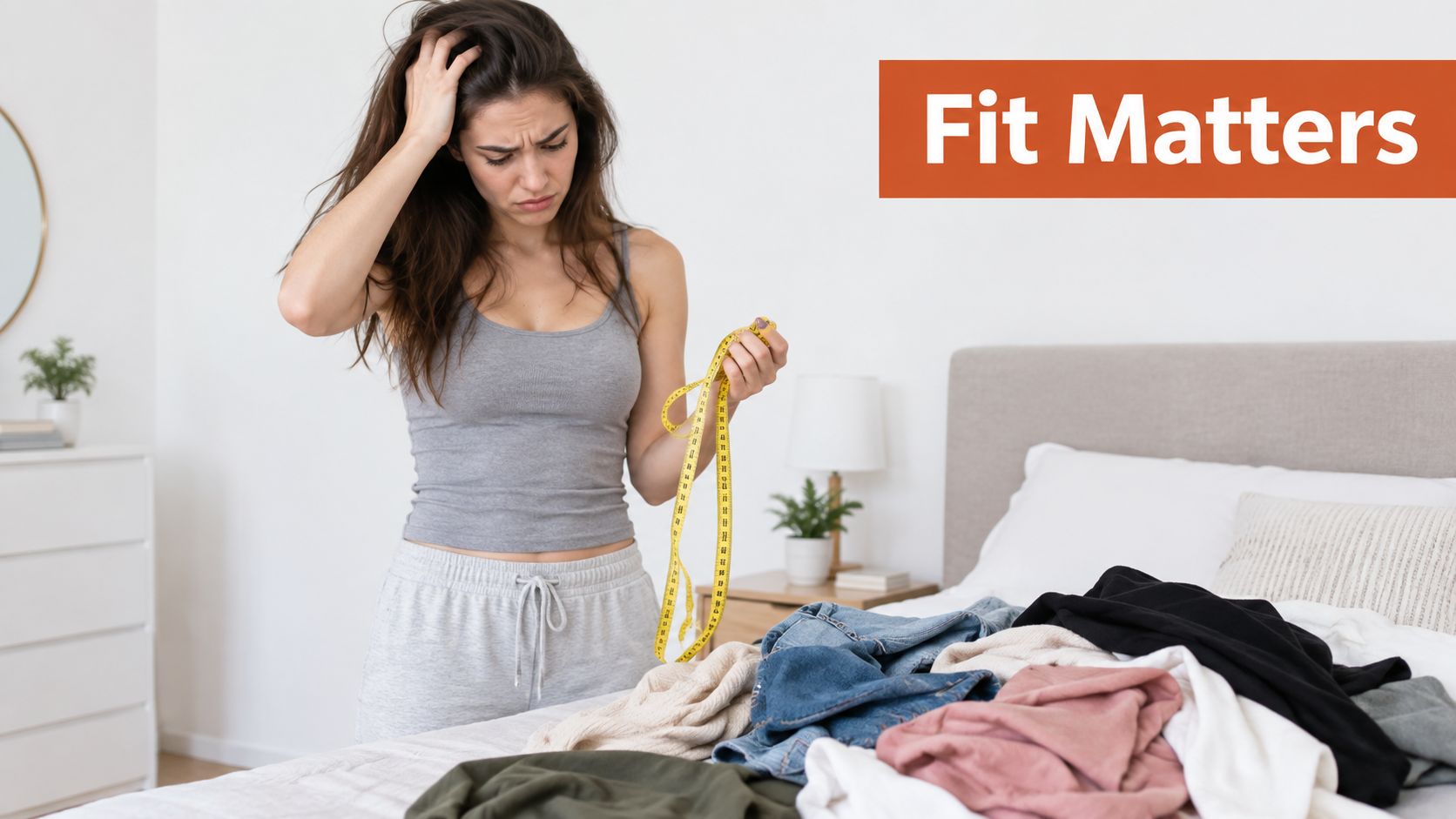 A frustrated young woman holding a yellow measuring tape while looking at a pile of clothes on her bed.