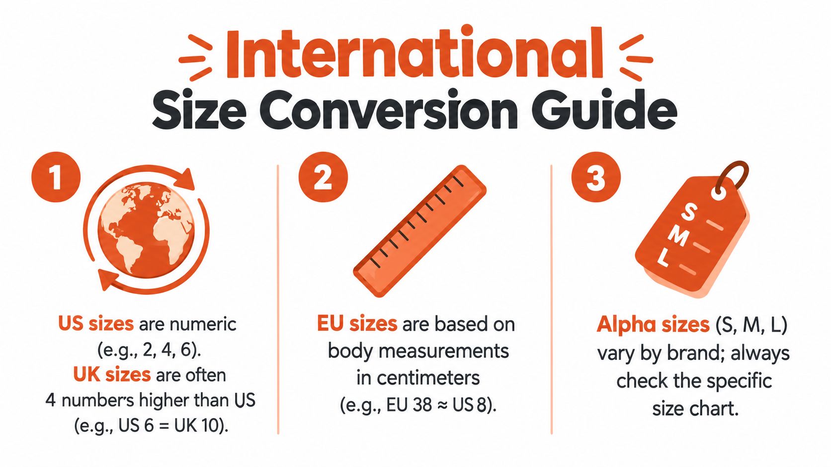 An infographic explaining international size conversion guidelines for US, UK, EU, and alpha sizing systems.