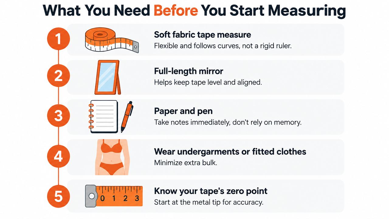 A five-step infographic showing the essential tools and preparations needed before taking accurate body measurements.