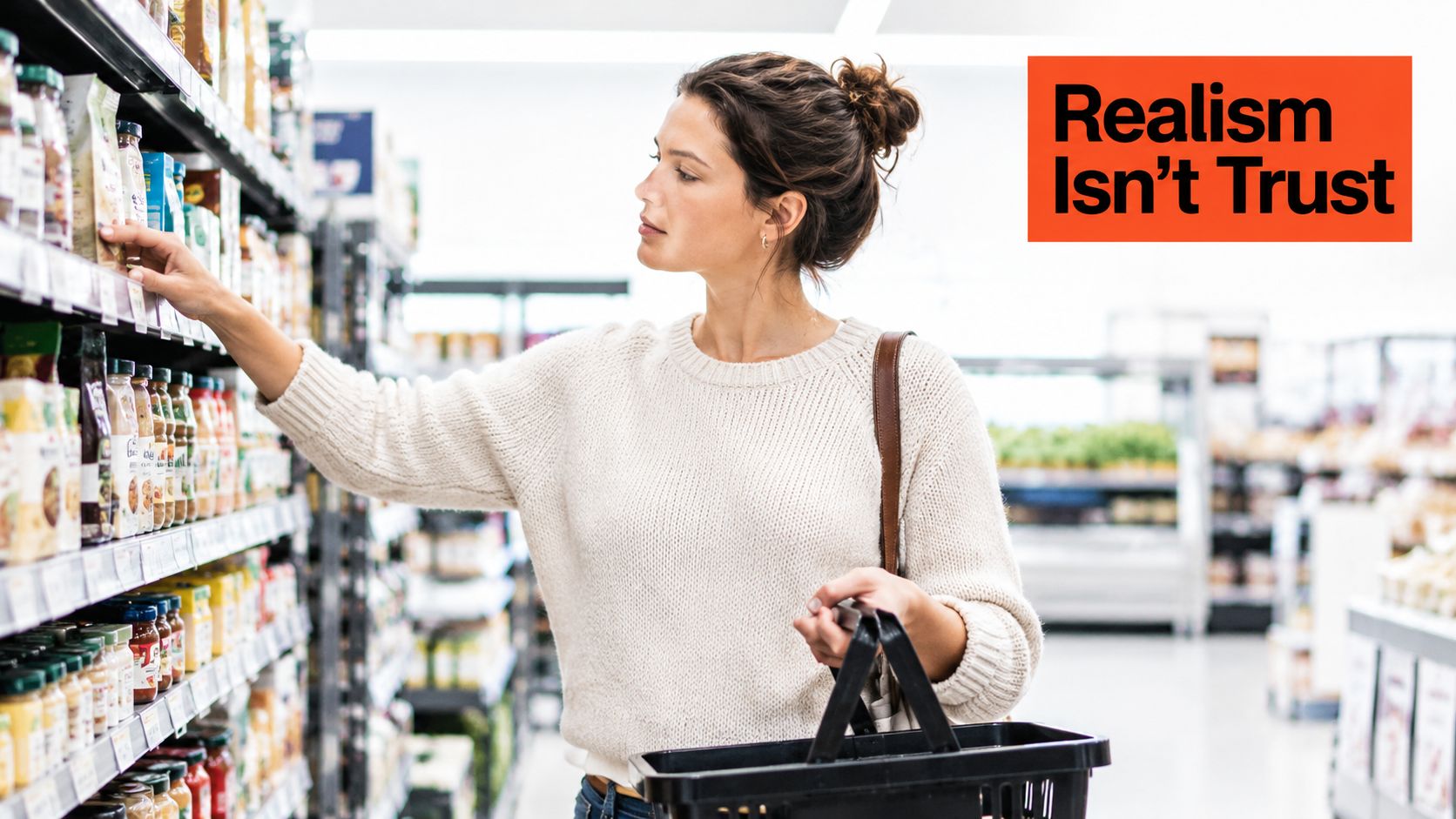 A woman with a bun hairstyle picking a product from a grocery store shelf while holding a basket.