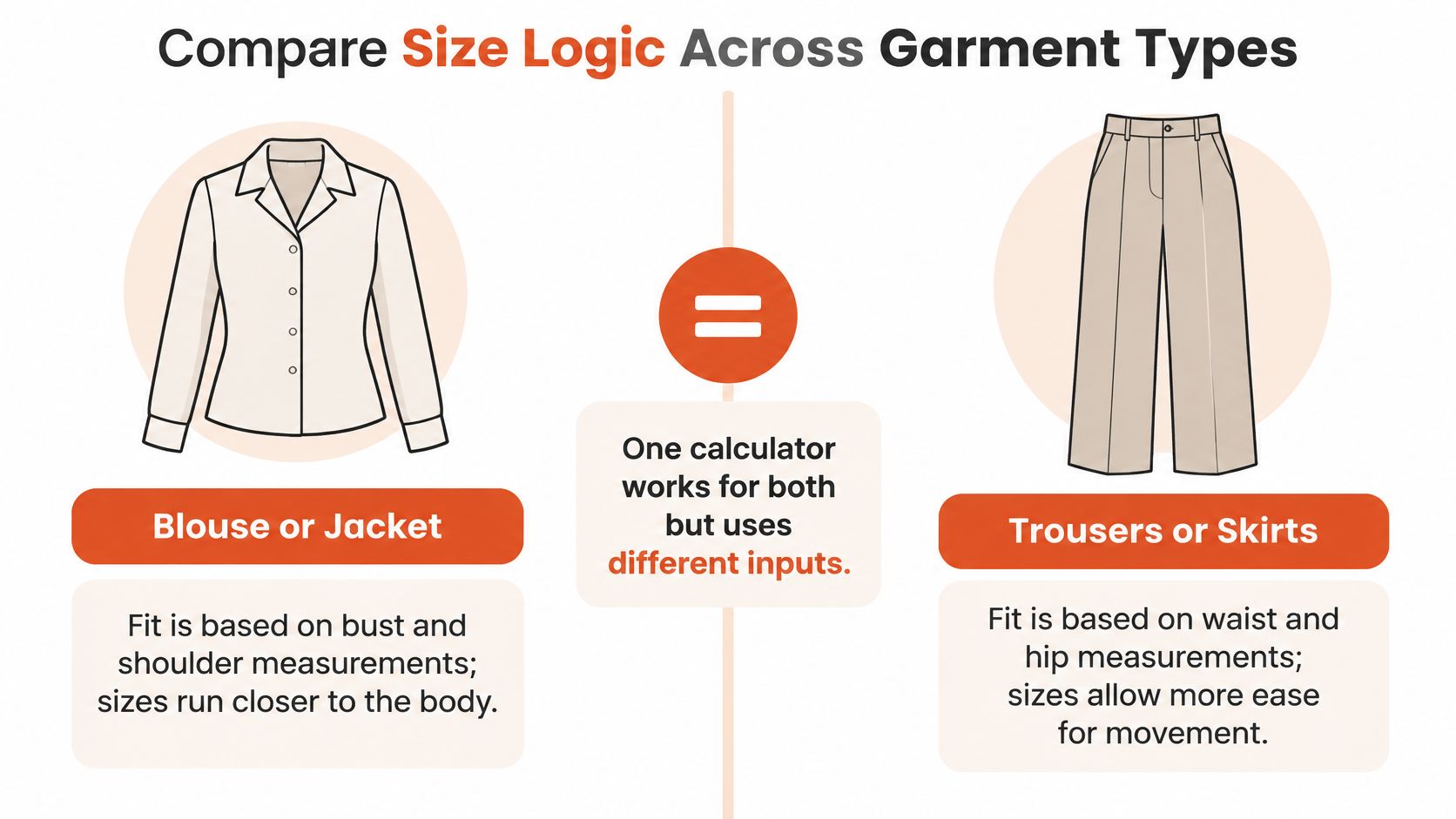 A diagram comparing garment sizing logic for blouses, jackets, trousers, and skirts with their respective measurement requirements.