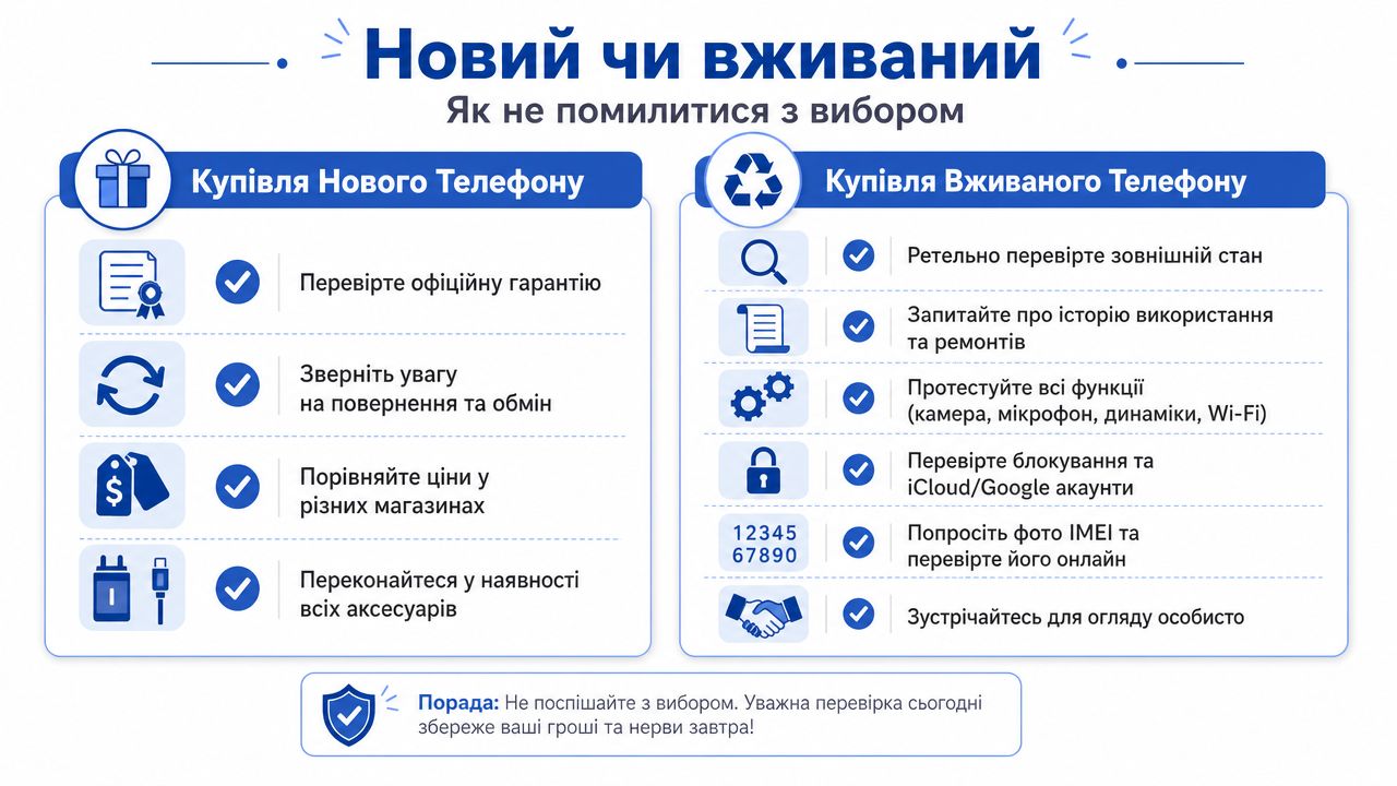Інфографіка з порадами, як правильно обрати та перевірити новий або вживаний смартфон перед покупкою.