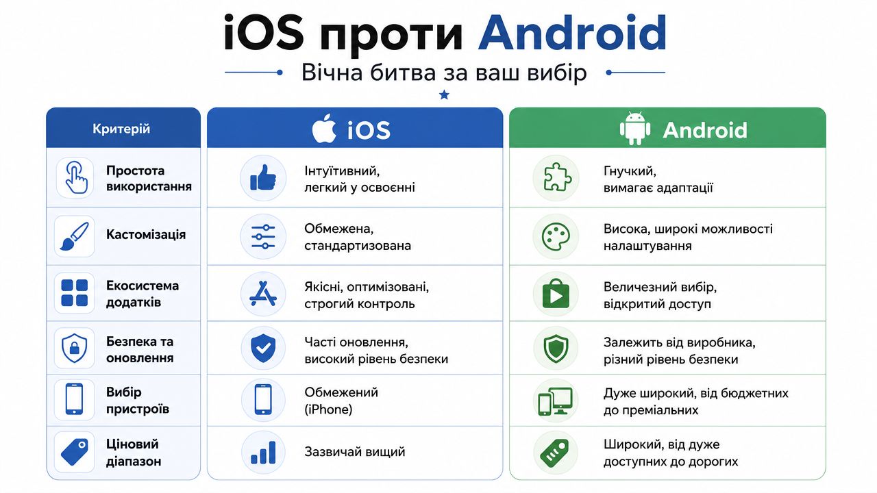 Порівняльна таблиця переваг та особливостей операційних систем iOS та Android для вибору смартфона.