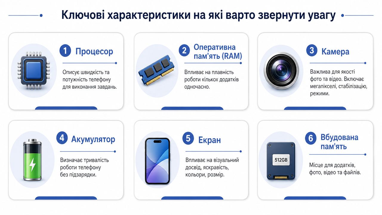 Інфографіка з шістьма ключовими характеристиками смартфона, на які варто звернути увагу при виборі нового телефону.