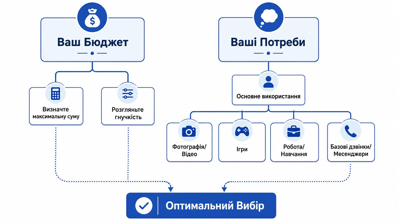 Інфографіка з порадами щодо вибору смартфона на основі вашого бюджету та основних потреб для користувача.