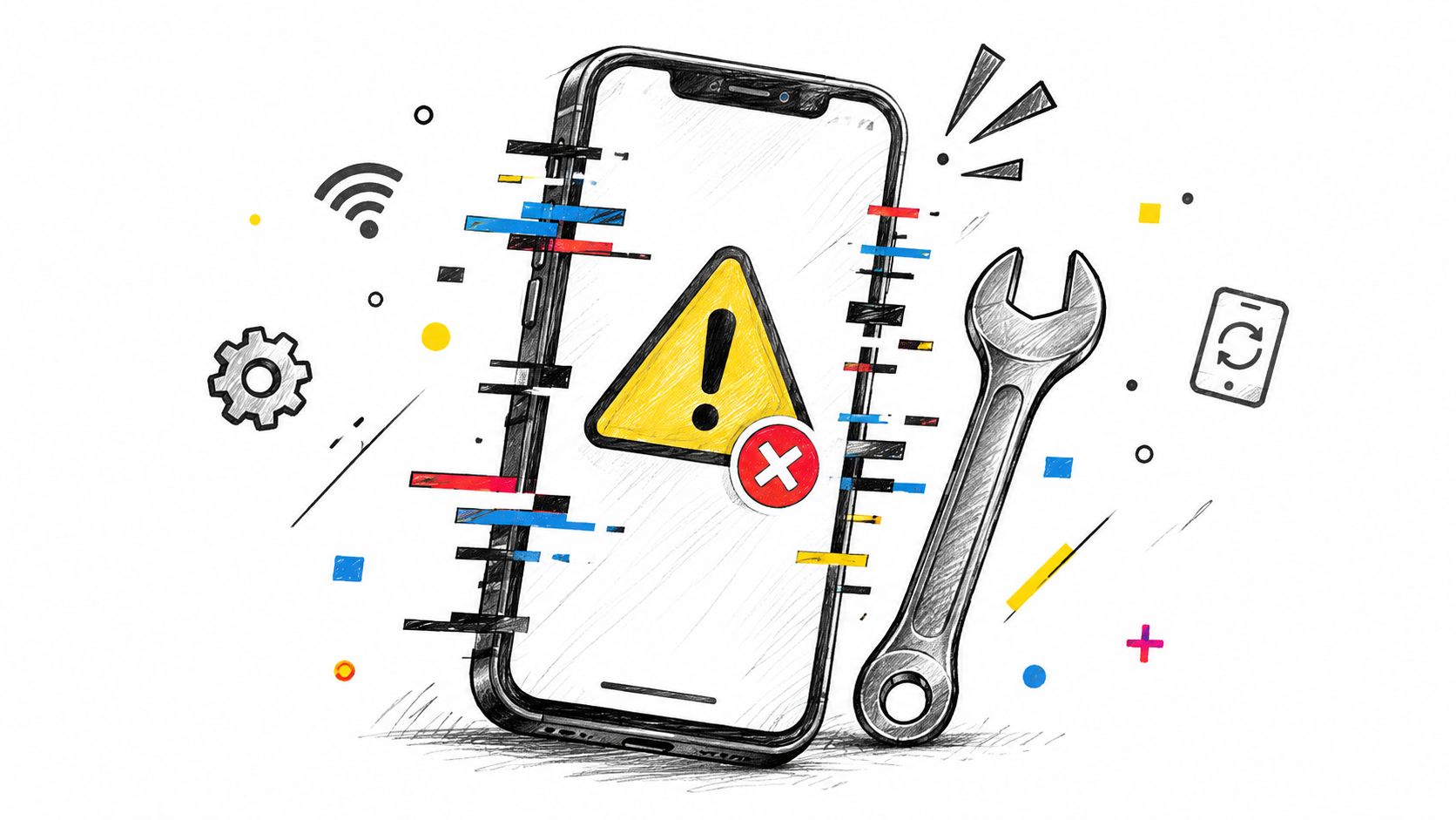 Стилізований ескіз смартфона з попереджувальним знаком та гайковим ключем, що символізує технічні проблеми при передачі даних