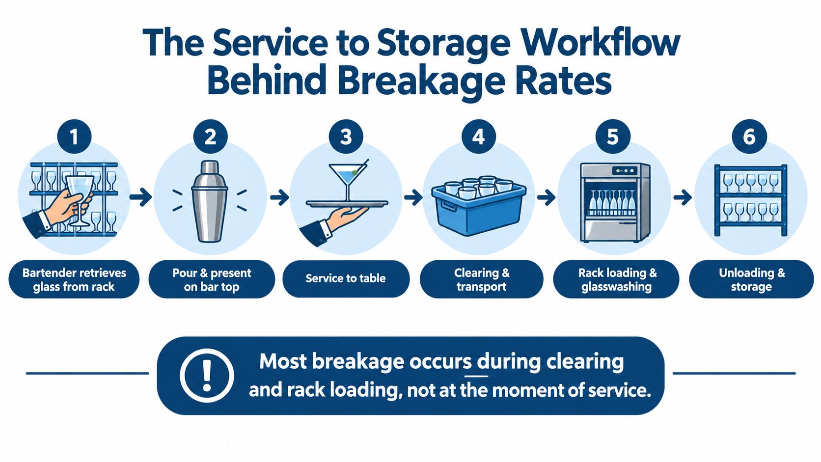 A six-step infographic illustrating the service to storage workflow of glassware in a professional bar setting.