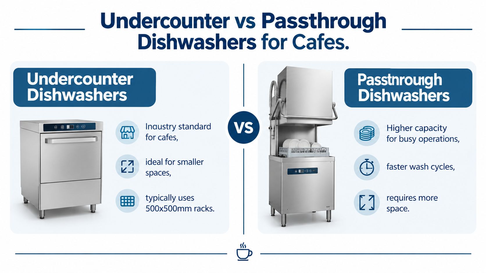 A comparison chart showing the differences between undercounter dishwashers and passthrough dishwashers for commercial cafe use.